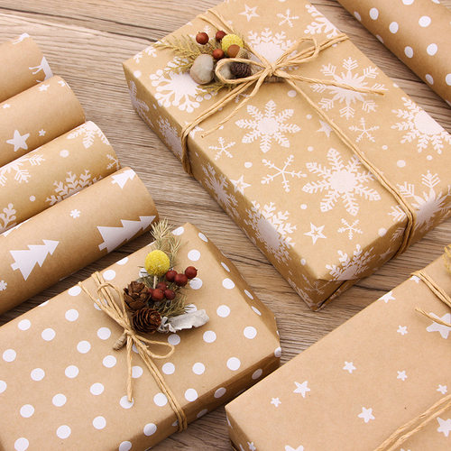 Christmas kraft paper卷装白色图案牛皮纸包装纸圣诞节礼品纸