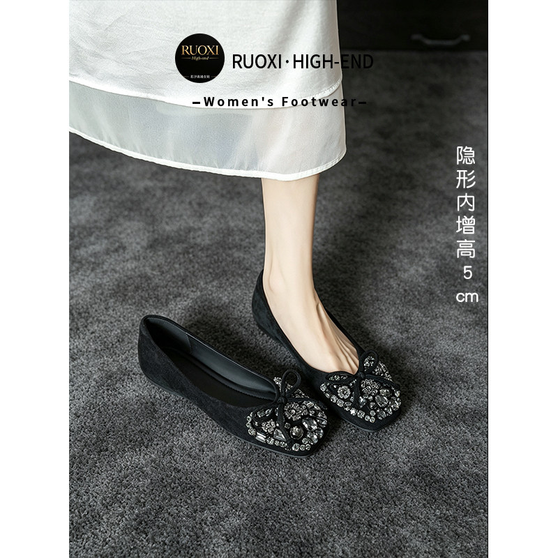 羊皮版~优雅风水钻蝴蝶结方头浅口单鞋女秋内增高黑色通勤芭蕾鞋
