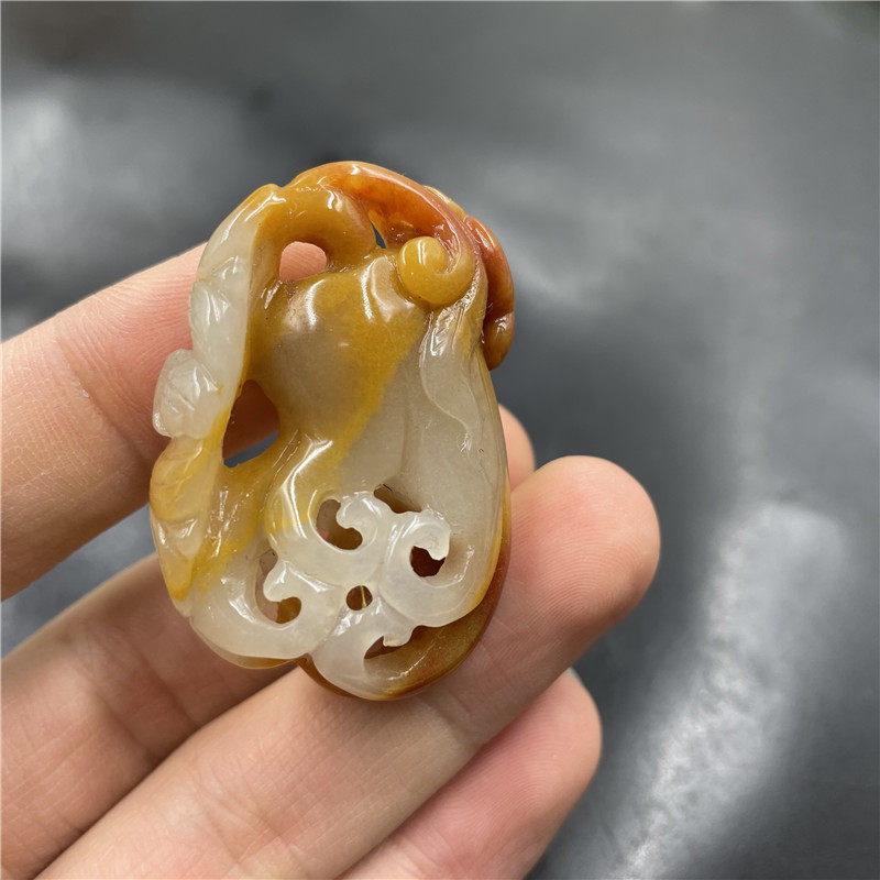 华夏美玉 手工雕刻镂空黄龙玉佛手吊坠 男女款毛衣链挂坠