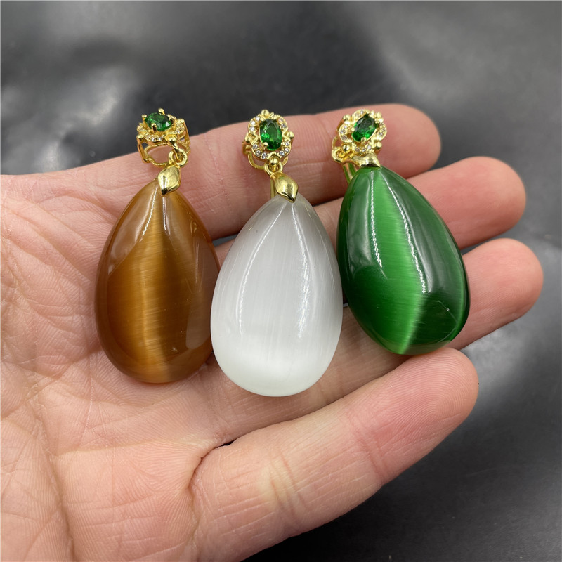 华夏美玉 祖母绿猫眼石水滴吊坠 咖啡色双面玉石水滴挂件 玉坠