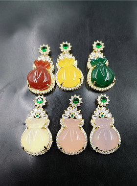 华夏美玉 925亮金色镶嵌白玉髓福袋吊坠 绿色玛瑙钱袋挂件 玉坠