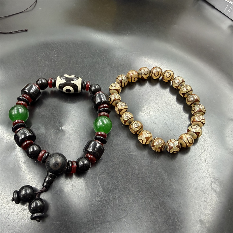 华夏美玉 10毫米三眼天珠玛瑙圆珠手链 黑色玛瑙算盘珠手串