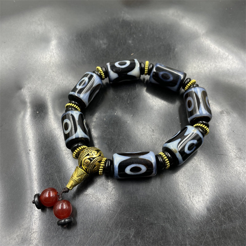 华夏美玉 藏式复古深色黑白三眼天珠玛瑙筒珠手链 老玛瑙手串