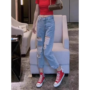显瘦百搭乞丐老爹九分哈伦裤 破洞牛仔裤 韩版 2025新款 子 女宽松夏季