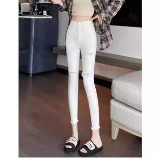 欧洲站夏秋新款破洞牛仔裤女弹力显瘦白色小脚九分靴裤铅笔裤子