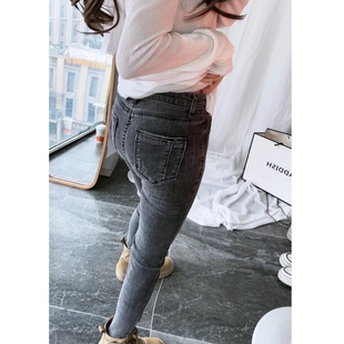灰色紧身九分牛仔裤女2025春秋新款磨破小脚裤修身百搭显瘦铅笔裤