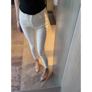 白色毛边紧身牛仔长裤女高腰显瘦小个子弹力修身遮肉提臀外穿裤潮