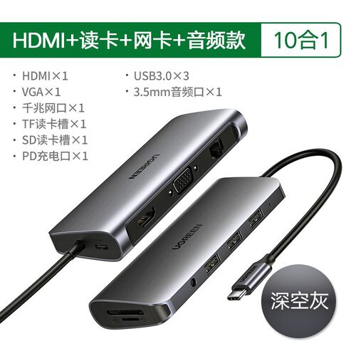 绿联CM179Type-C转HDMI+VGA+网卡+3USB+读10合1扩展坞40873 80133