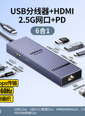 绿联CM828拓展Type-C3.2鳍纹扩展坞2.5G网口转换HDMI 55542 45364