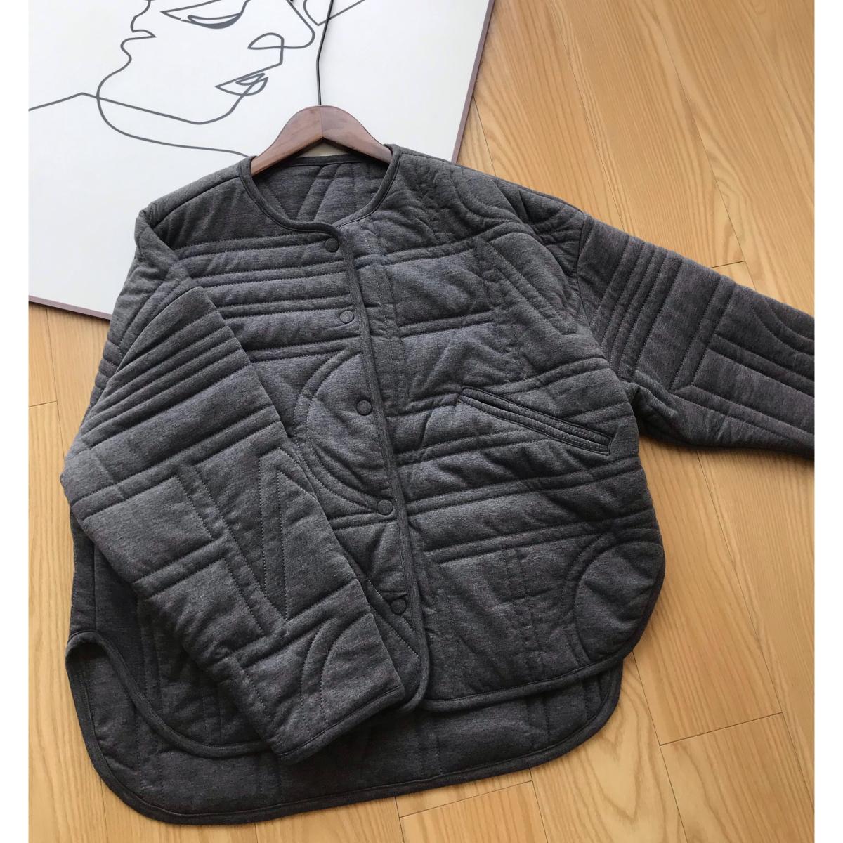 北欧Tot~  格雷系麻灰色  绗缝几何纹经典廓形圆领棉服外套秋冬女