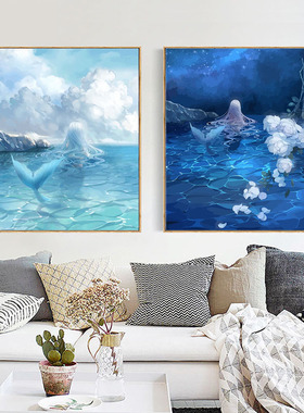 数字油画diy风景大海面少女仙居蓝色白美人鱼装饰挂画4Czg1T0WF7