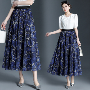 印花A字半身裙女2026新款高腰中长款修身通勤大摆裙水母花百褶裙