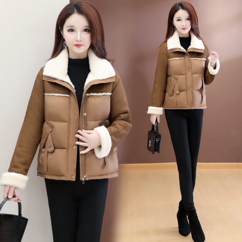 韩版修身加厚棉服女2025冬季新款翻领毛皮拼接通勤外套加厚袄子潮