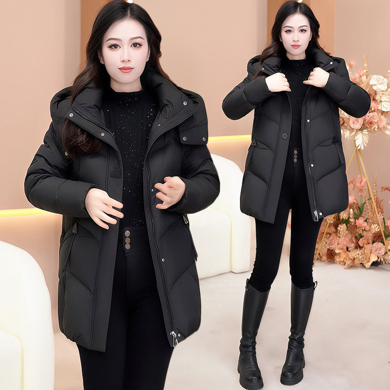 韩版修身连帽白鸭绒羽绒服女2026新款中长款加厚保暖通勤外套黑色