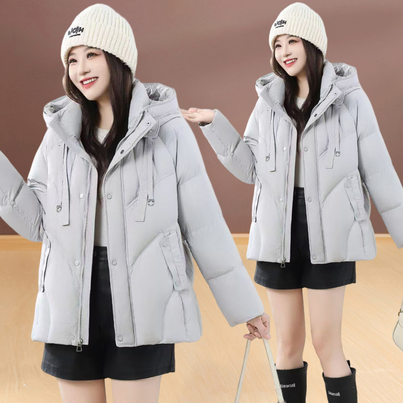 2025新款韩版连帽中长款羽绒服女冬季灰色修身保暖显瘦百搭外套潮