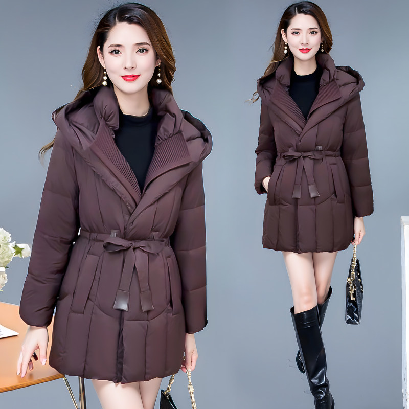 韩版修身时尚连帽羽绒服女2025冬季新款中长款系带收腰保暖外套潮