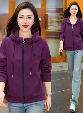 通勤风连帽拉链外套女春秋新款宽松长袖紫色休闲夹克百搭减龄上衣