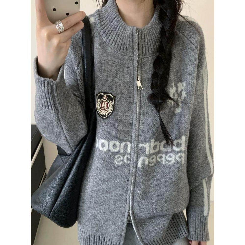 oversize！棒球服翻领拉链毛衣开衫女外套秋装新款韩版宽松针织衫