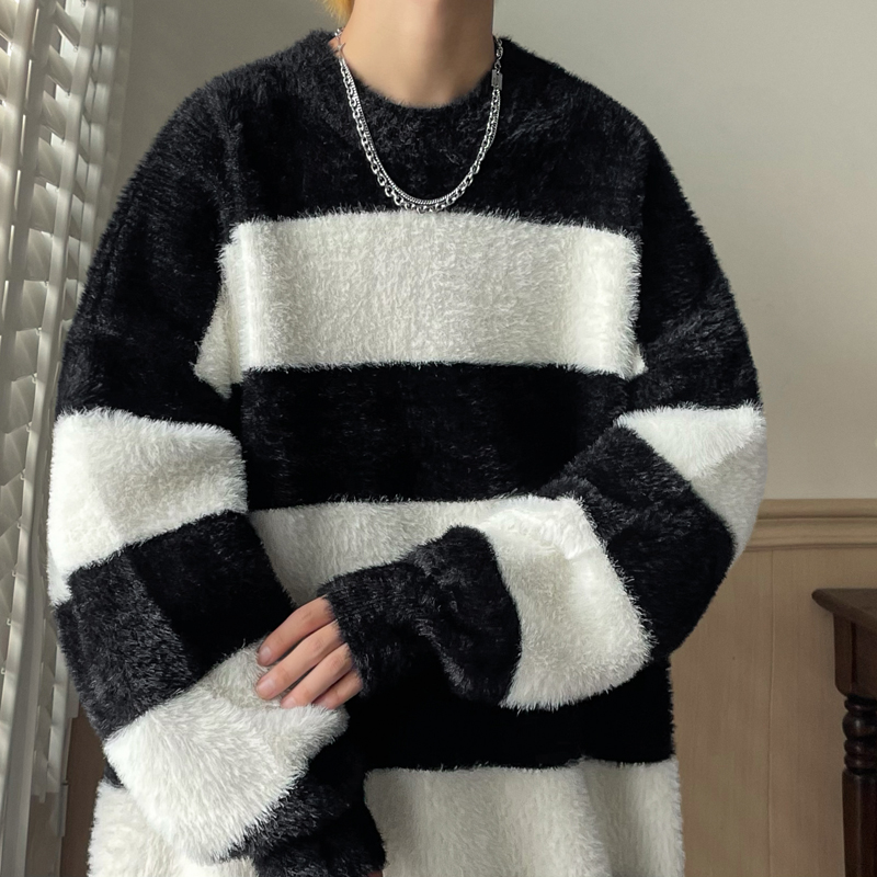 水貂绒毛衣男秋冬季黑白条纹vintage懒惰风加厚针织衫情侣上衣服