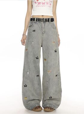 CHA2nd童趣刺绣牛仔裤女阔腿宽松拖地裤高腰显瘦直筒裤