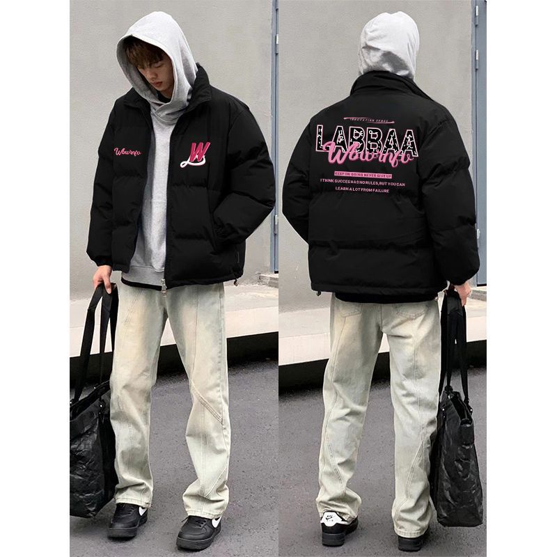 2025新款美式高街立领字母印花棉服外套男高级感痞帅冬季潮男棉袄