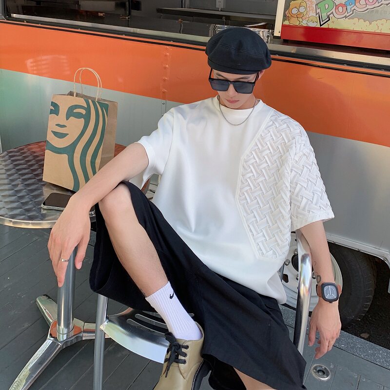 设计款拼接立体格韩式港风中性短袖XZ507-1T2004P35主推款，男装T恤，星座507-1