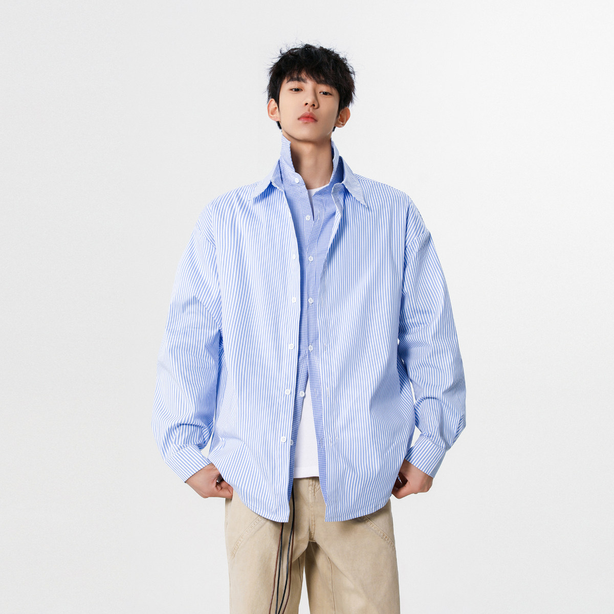 设计师假两件潮韩风条纹衬衫XZ507-1CS1071P50抖音品质备货，男装衬衫，星座507-1