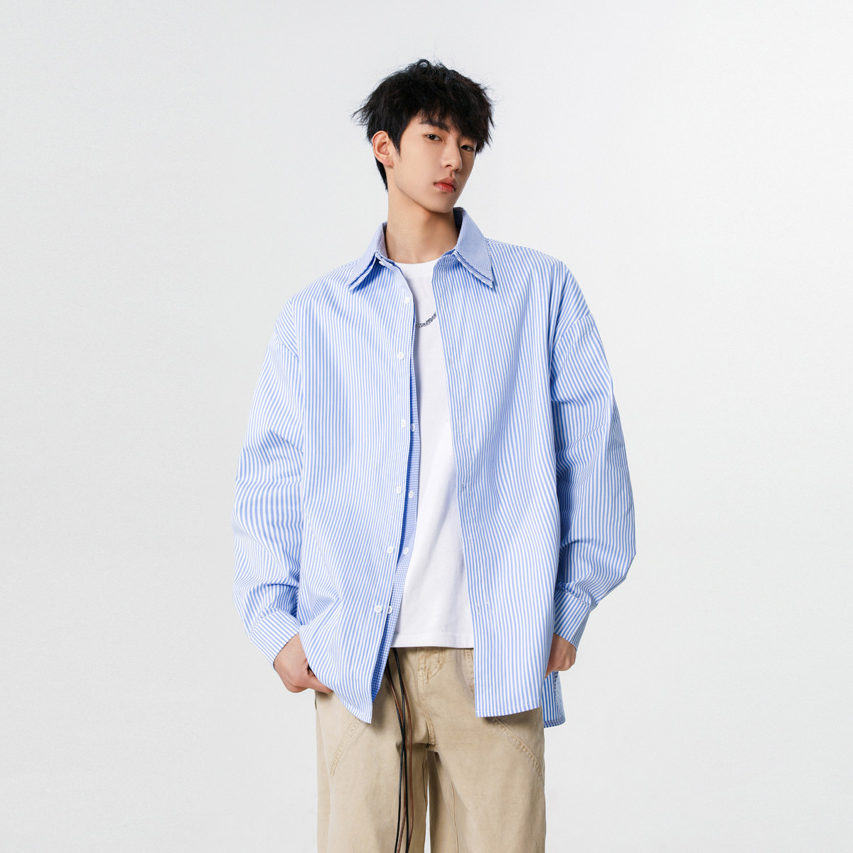 25设计师假两件潮韩风条纹衬衫外套XZ507-1CS1071P60抖音品质,男装衬衫,星座507-1