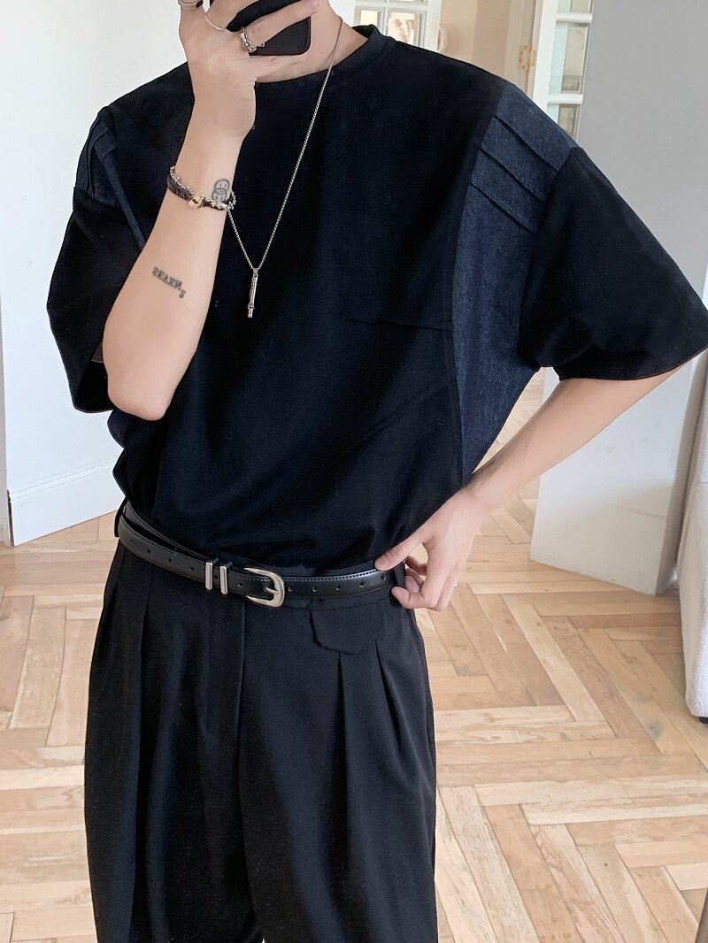 2024设计感拼接牛仔短袖男女同款潮牌T恤XZ507-1T2028P60,男装T恤,星座507-1