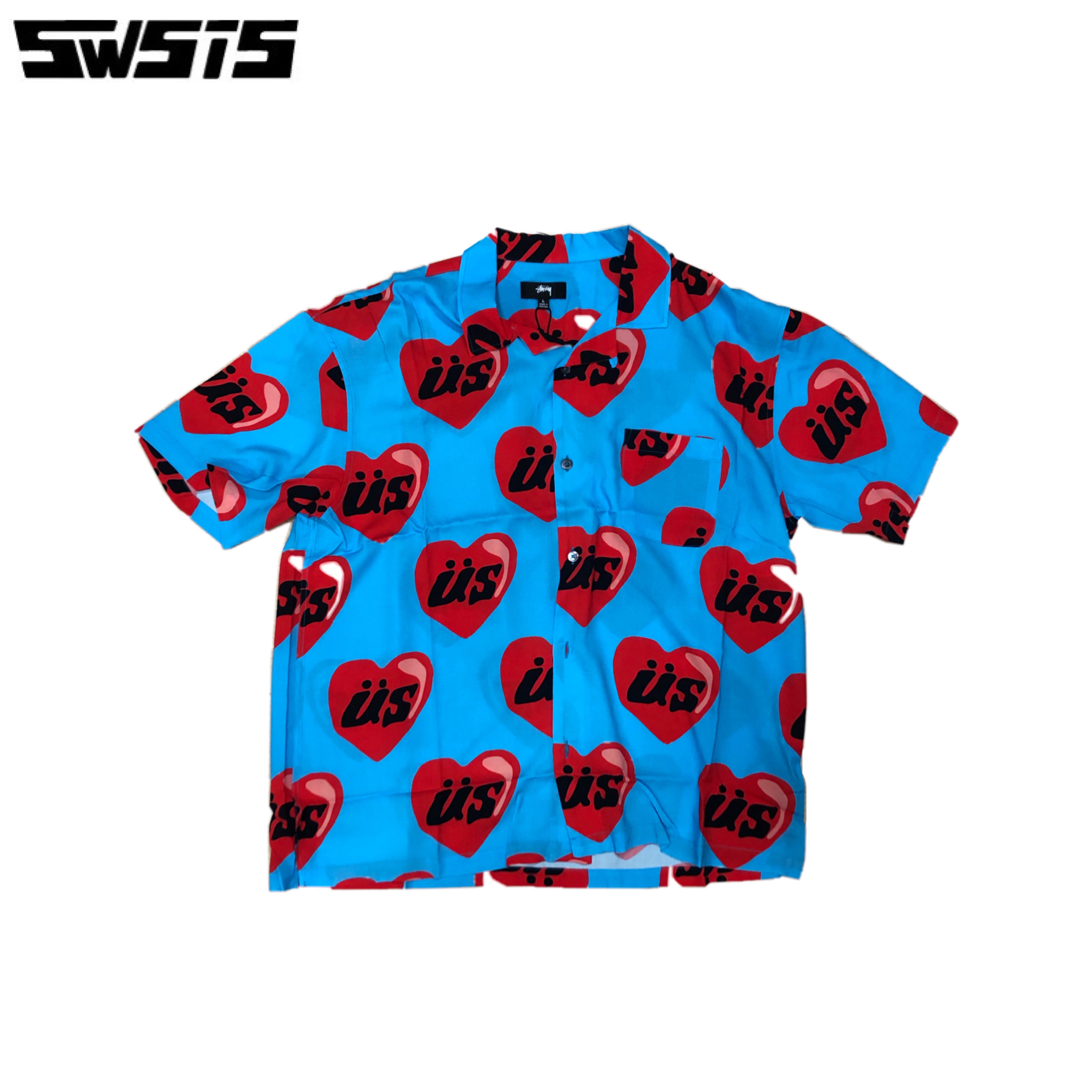 现货Stussy 21SS CPFM Heart Shirt 联名爱心满印沙滩短袖衬衫