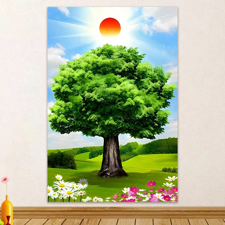 一颗大树入户玄关自粘装饰画阳光普照绿树草地花草客厅不干胶贴纸