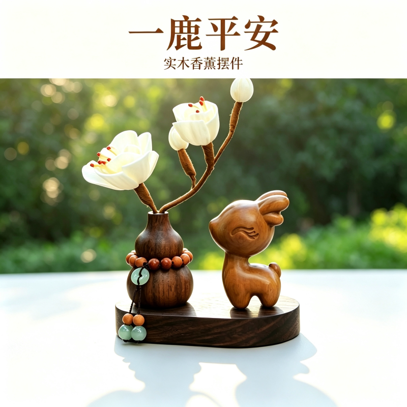 绿檀木一鹿平安车载摆件