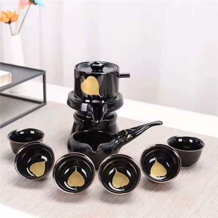 陶瓷黑色银杏家用懒人防烫石磨自动冲泡茶器创意功夫茶具整套礼盒