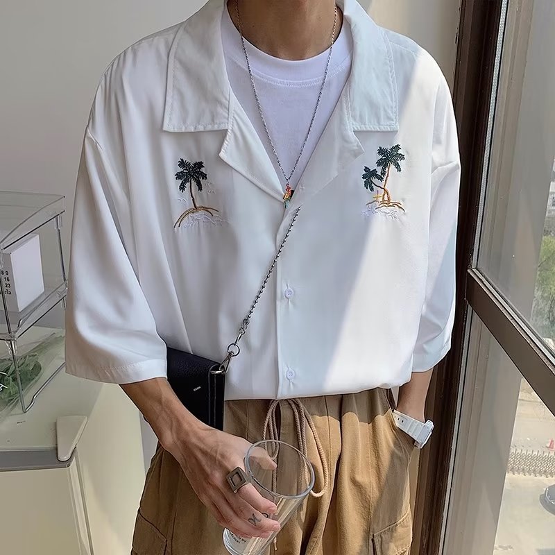 夏威夷古巴领衬衫男短袖夏季潮流痞帅椰树刺绣宽松休闲情侣装衬衣