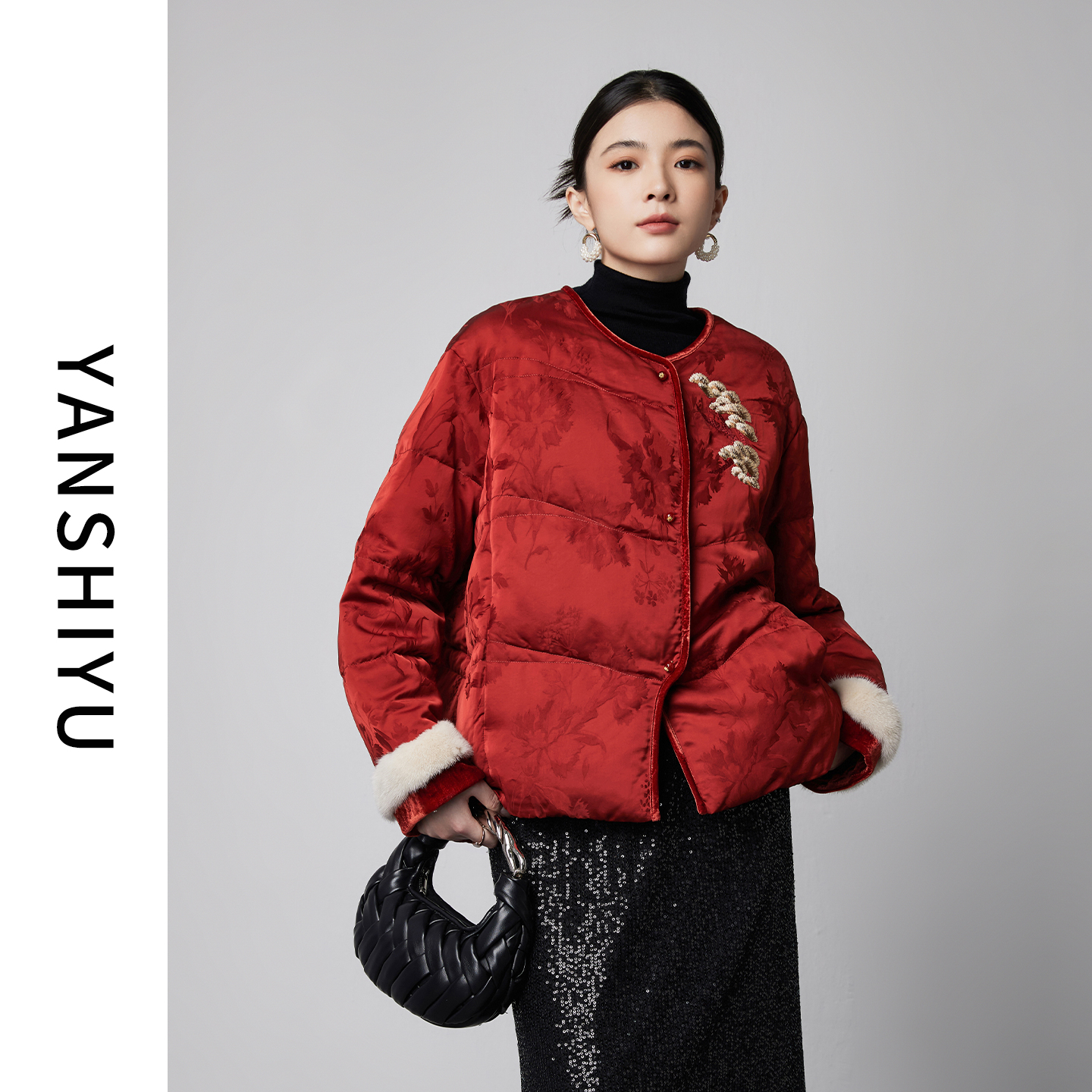 中式90白鹅绒轻国风红色羽绒服