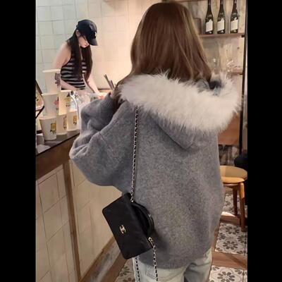 韩系大毛领连帽针织衫毛衣女