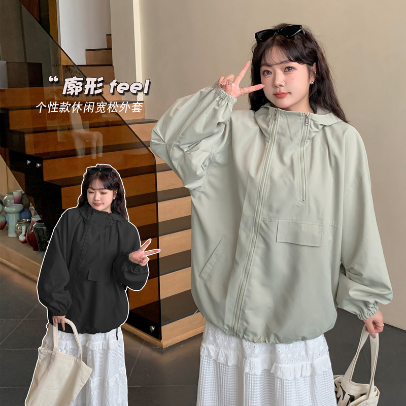 秋季新款胖妹妹大码女装休闲外套不对称双拉链连帽外套
