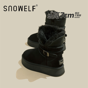 黑色厚底雪地靴女2024冬季新翻边加绒加厚中筒保暖棉鞋时尚面包鞋