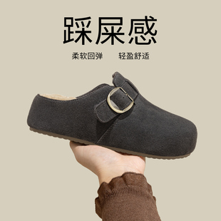 灰色厚底勃肯鞋女2025新款冬季加绒一脚蹬半拖鞋外穿保暖毛毛鞋子
