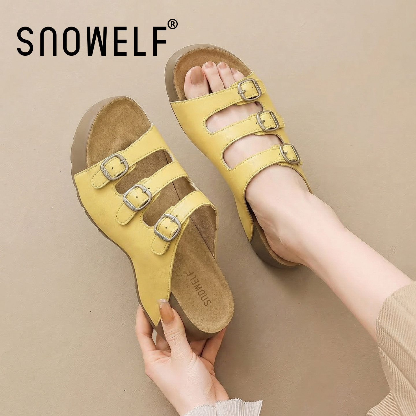 黄色勃肯鞋半拖鞋女士外穿增高一字凉拖2026新款夏季一脚蹬女鞋子