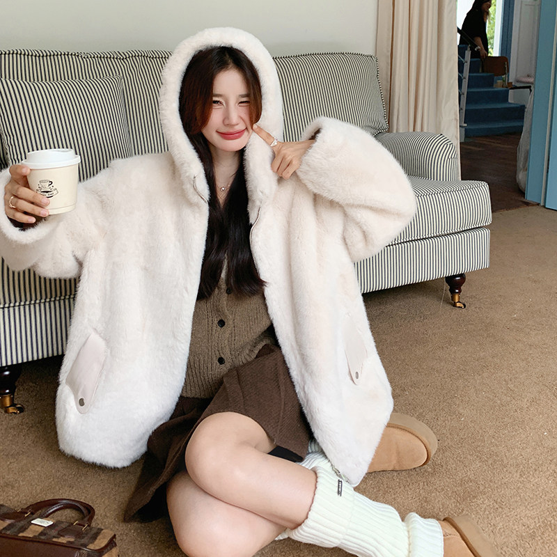 +买家秀冬季连帽仿兔毛皮毛一体外套8807P195控298,女装皮草,2C179