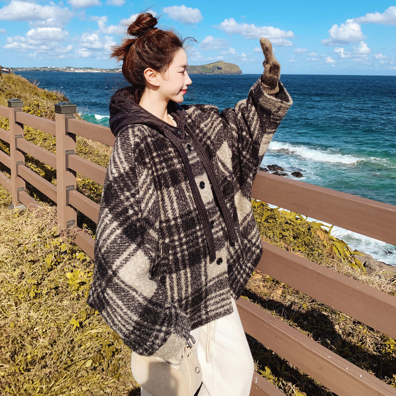 格纹巨好看复古毛呢羽绒服女2025冬季新款白鸭绒内胆连帽呢大衣潮,女装羽绒服,2C179