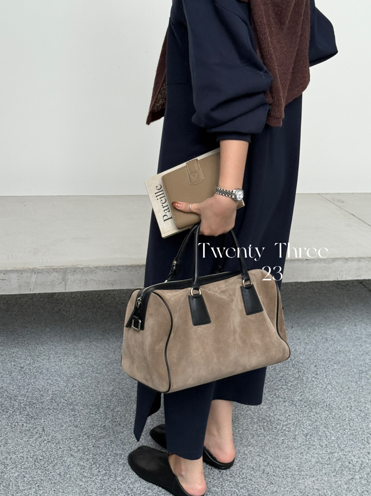 Twenty Three复古磨砂牛皮大容量保龄球包松弛感手提斜挎波士顿包