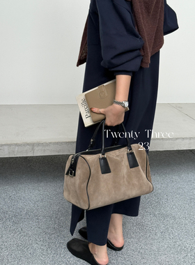 Twenty Three复古磨砂牛皮大容量保龄球包松弛感手提斜挎波士顿包
