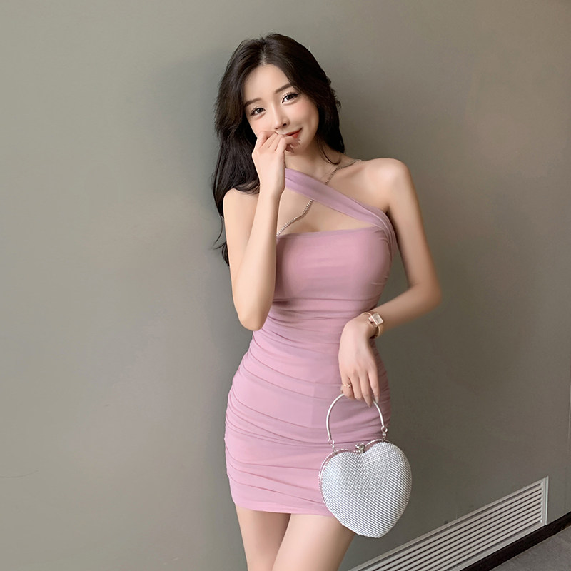 缪斯女神气质名媛性感钻链褶皱网纱吊带裙修身抹胸夜店礼服连衣裙