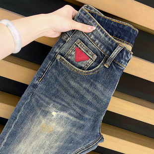 九分牛仔裤 潮流小脚裤 男 修身 水洗破洞补丁复古蓝色弹力韩版 高端