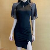 法式 裙子女夏 性感开叉包臀中长款 复古蚀骨旗袍改良版 连衣裙年轻款