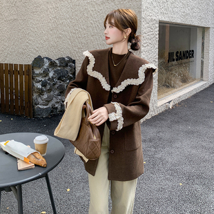 韩系复古大翻领花边海军领毛呢外套女新款加厚中长款夹棉呢大衣