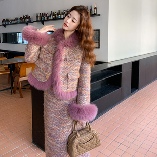 韩系小香风粗花呢羽绒服女短款狐狸毛领精致外套半身裙套装千金风