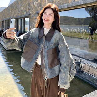 设计感复古拼接皮领牛仔羽绒服女短款小个子高级感炸街白鸭绒外套